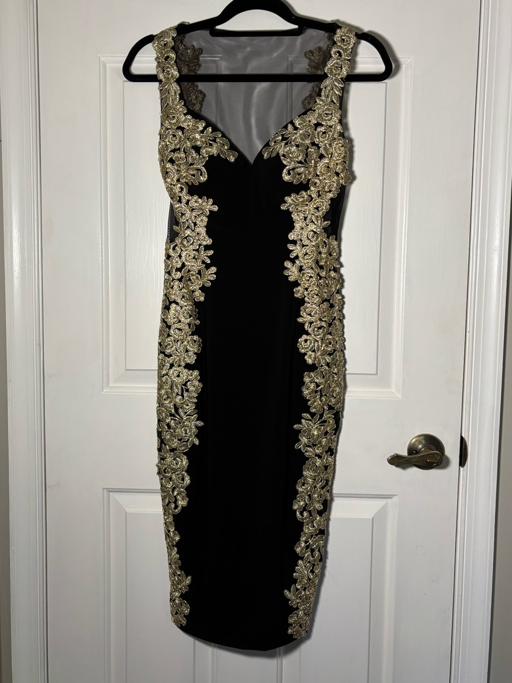 Betsy Adam Black Sheath Midi Dress with Gold Embroidered Lace Size 2